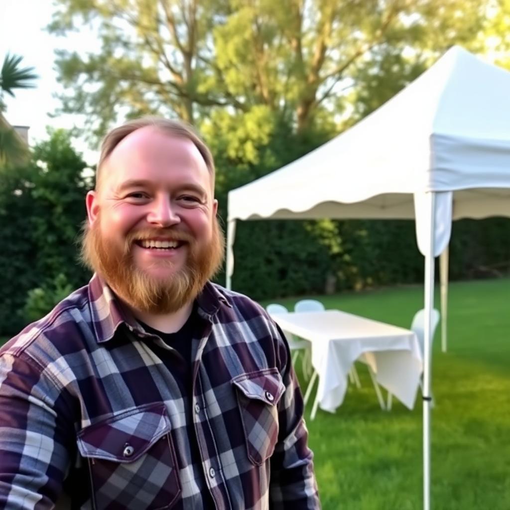 Bubba standing next to one of his white party tents